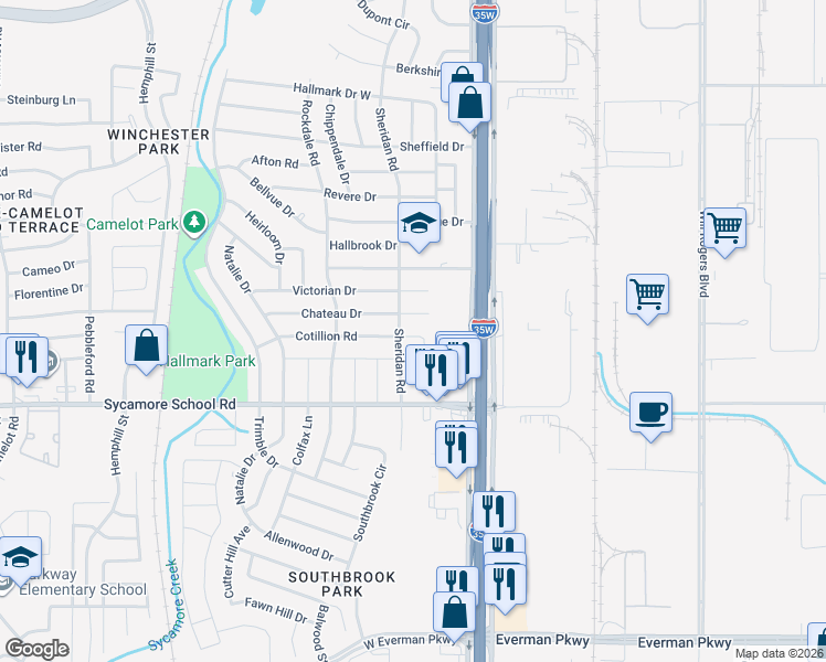 map of restaurants, bars, coffee shops, grocery stores, and more near 190 Cotillion Road in Fort Worth