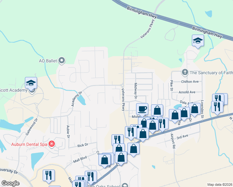 map of restaurants, bars, coffee shops, grocery stores, and more near 3918 Eagle Ridge Lane in Opelika