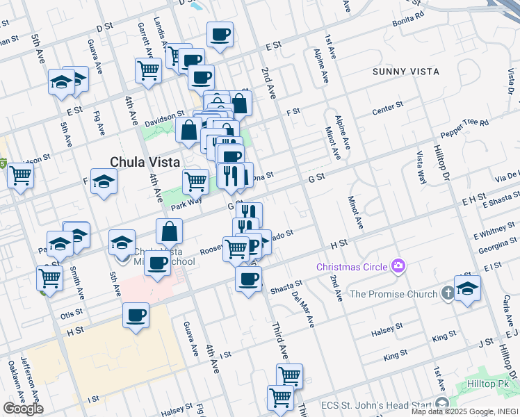 map of restaurants, bars, coffee shops, grocery stores, and more near 415 Church Avenue in Chula Vista