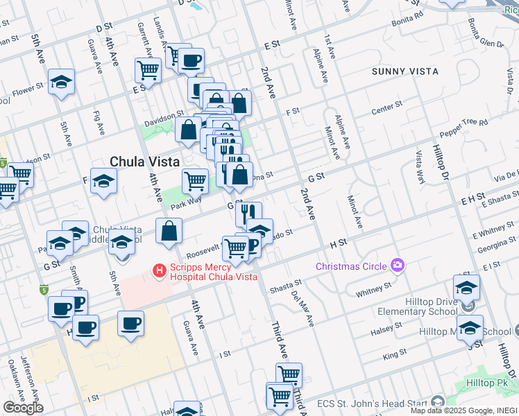 map of restaurants, bars, coffee shops, grocery stores, and more near 415 Church Avenue in Chula Vista