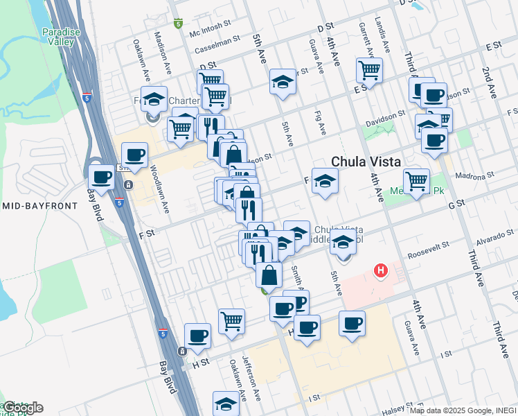 map of restaurants, bars, coffee shops, grocery stores, and more near 315-17 Ash Avenue in Chula Vista