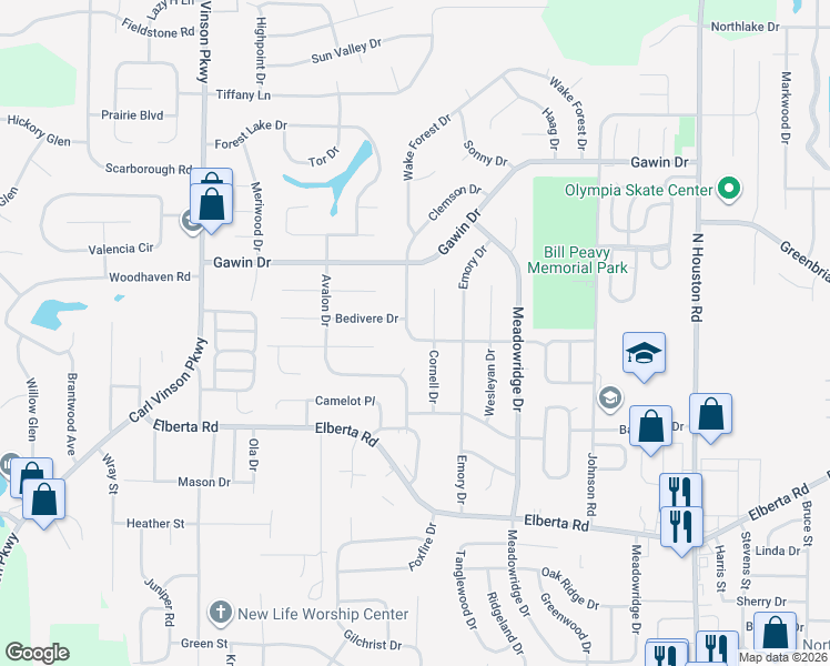 map of restaurants, bars, coffee shops, grocery stores, and more near 214 Cornell Drive in Warner Robins
