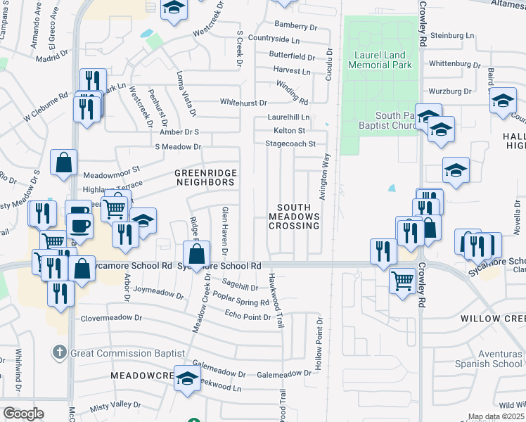 map of restaurants, bars, coffee shops, grocery stores, and more near 7228 Wagonwheel Road in Fort Worth