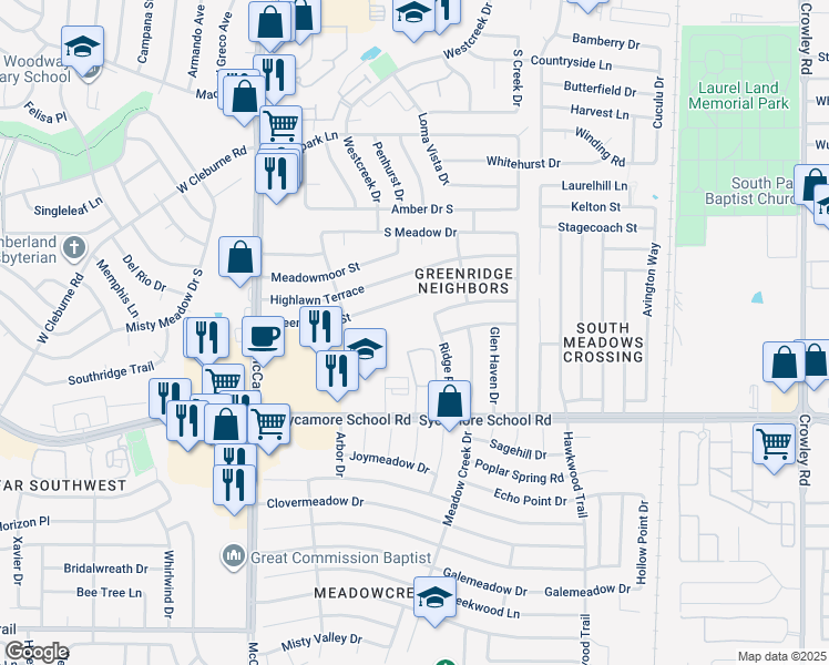 map of restaurants, bars, coffee shops, grocery stores, and more near 7301 Sycamore Trace Drive in Fort Worth