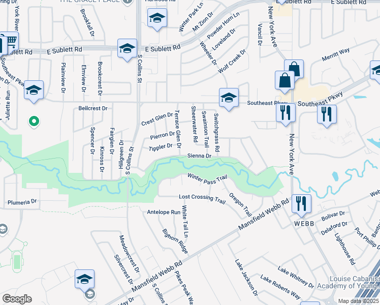 map of restaurants, bars, coffee shops, grocery stores, and more near 1607 Sienna Drive in Arlington