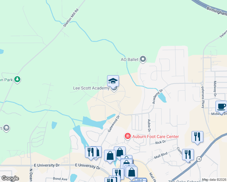 map of restaurants, bars, coffee shops, grocery stores, and more near 1601 Academy Drive in Auburn