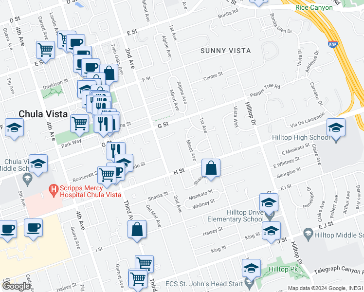 map of restaurants, bars, coffee shops, grocery stores, and more near 453 Elm Avenue in Chula Vista