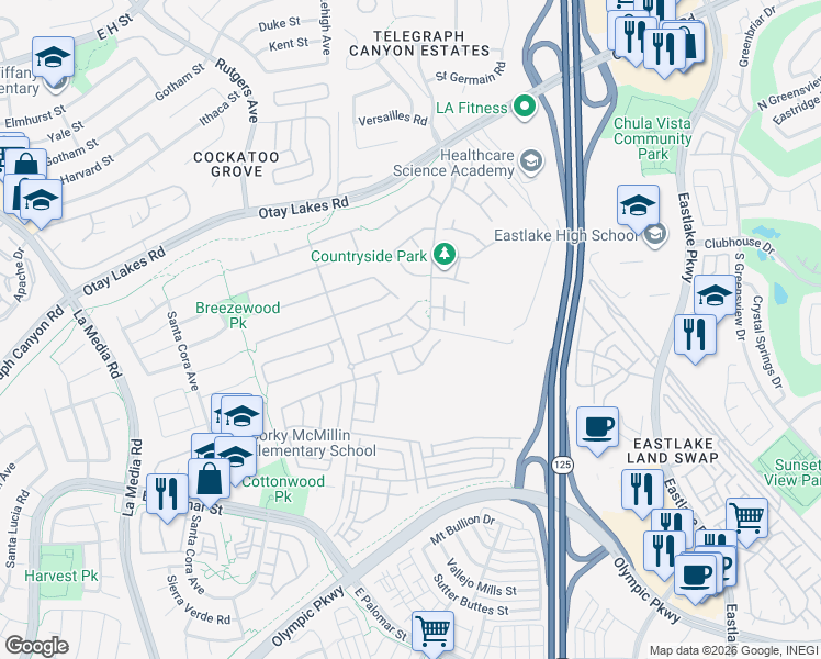 map of restaurants, bars, coffee shops, grocery stores, and more near 1901 Wheatville Street in Chula Vista