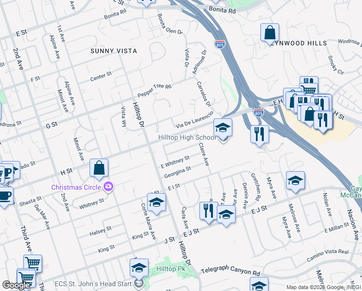 map of restaurants, bars, coffee shops, grocery stores, and more near in Chula Vista