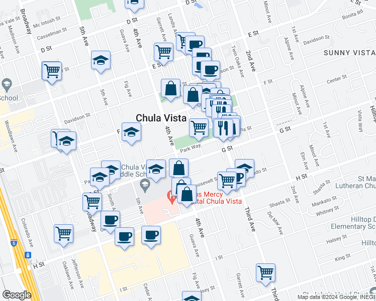 map of restaurants, bars, coffee shops, grocery stores, and more near 399 G Street in Chula Vista
