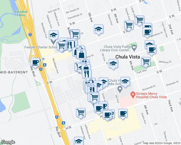 map of restaurants, bars, coffee shops, grocery stores, and more near 321 Broadway in Chula Vista