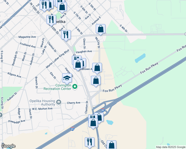 map of restaurants, bars, coffee shops, grocery stores, and more near 1301 Glenn Circle in Opelika
