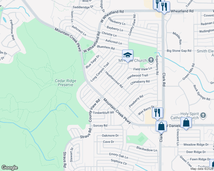 map of restaurants, bars, coffee shops, grocery stores, and more near 9418 County View Road in Dallas