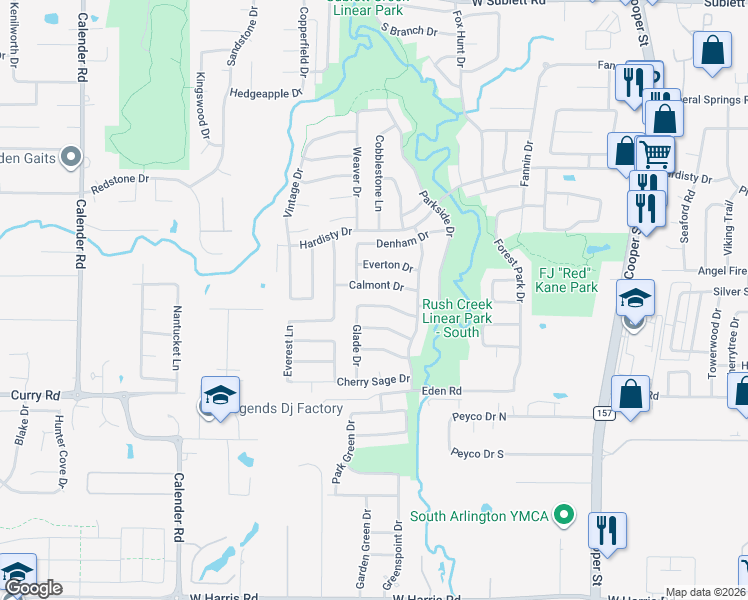 map of restaurants, bars, coffee shops, grocery stores, and more near 2323 Point Star Drive in Arlington