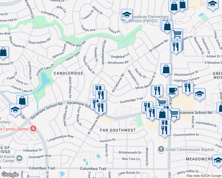 map of restaurants, bars, coffee shops, grocery stores, and more near 3901 Anewby Way in Fort Worth