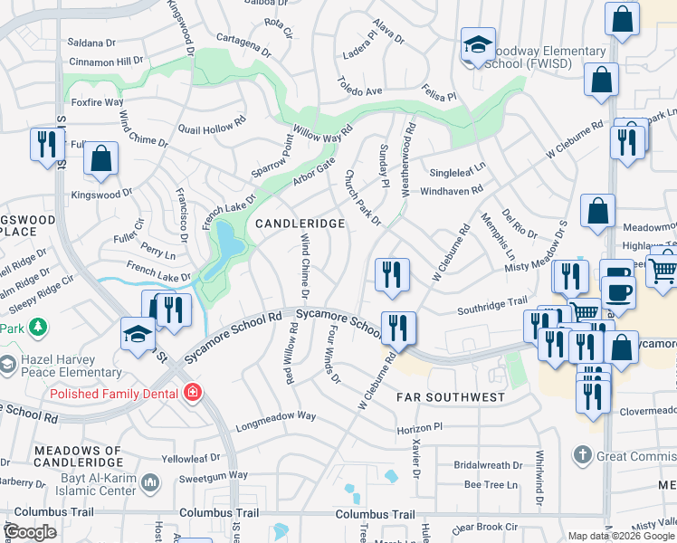 map of restaurants, bars, coffee shops, grocery stores, and more near 4201 Candlewind Lane in Fort Worth