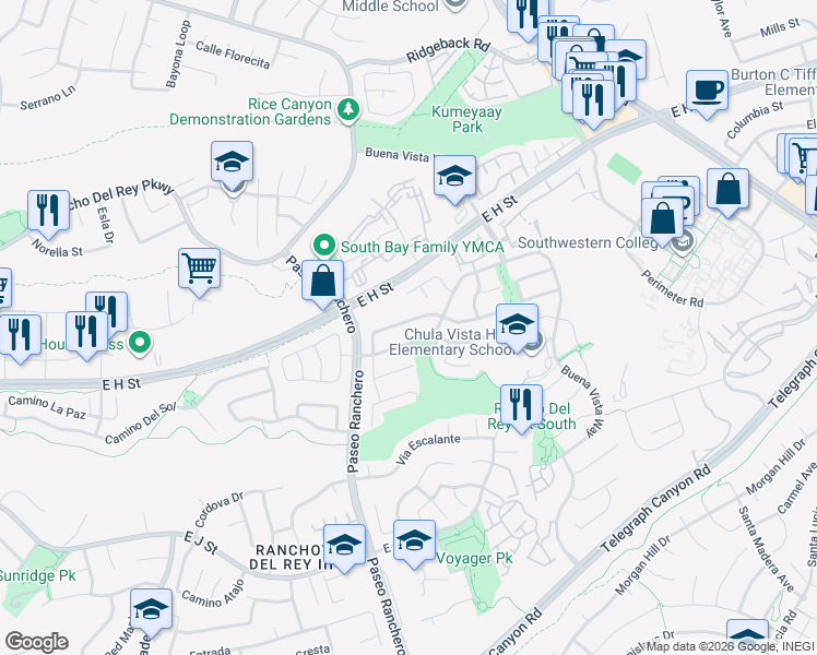 map of restaurants, bars, coffee shops, grocery stores, and more near 1264 Calle Candelero in Chula Vista