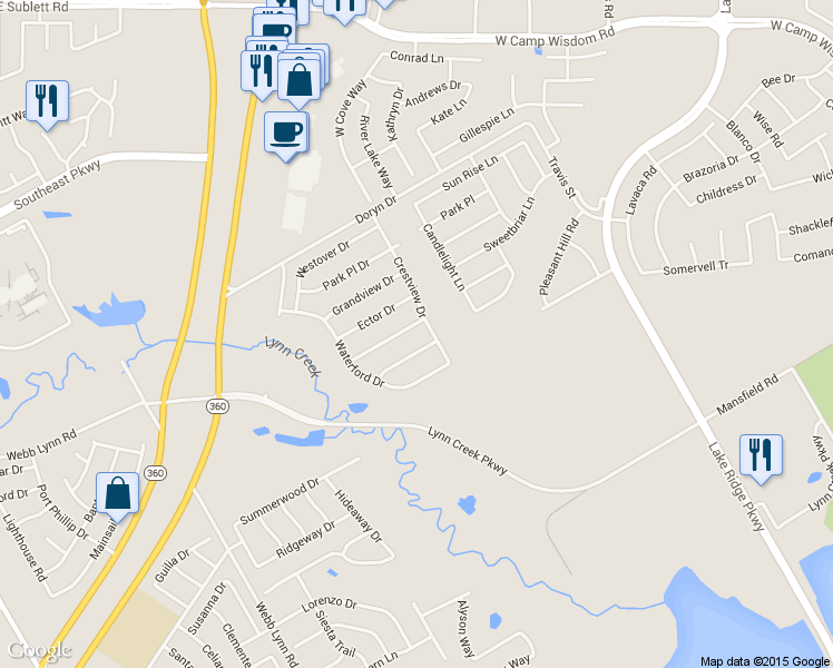map of restaurants, bars, coffee shops, grocery stores, and more near 2811 Park Springs Drive in Grand Prairie