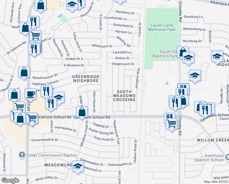 map of restaurants, bars, coffee shops, grocery stores, and more near 7225 Wagonwheel Road in Fort Worth