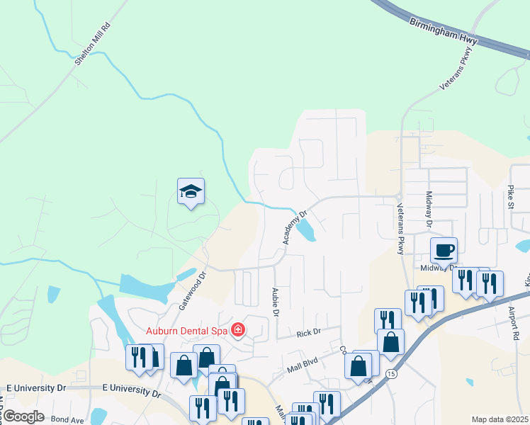 map of restaurants, bars, coffee shops, grocery stores, and more near Reynolds Drive in Auburn