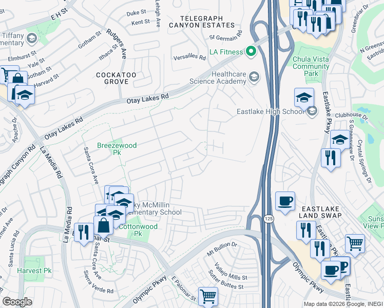 map of restaurants, bars, coffee shops, grocery stores, and more near 1936 Petaluma Drive in Chula Vista
