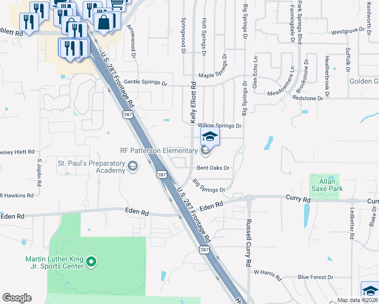 map of restaurants, bars, coffee shops, grocery stores, and more near 4300 Cypress Springs Court in Arlington