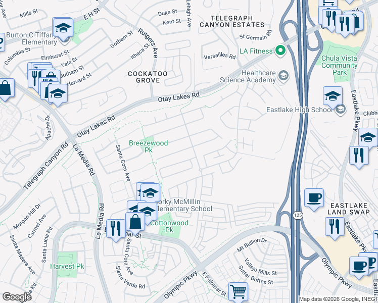 map of restaurants, bars, coffee shops, grocery stores, and more near 1892 Meeks Bay Drive in Chula Vista
