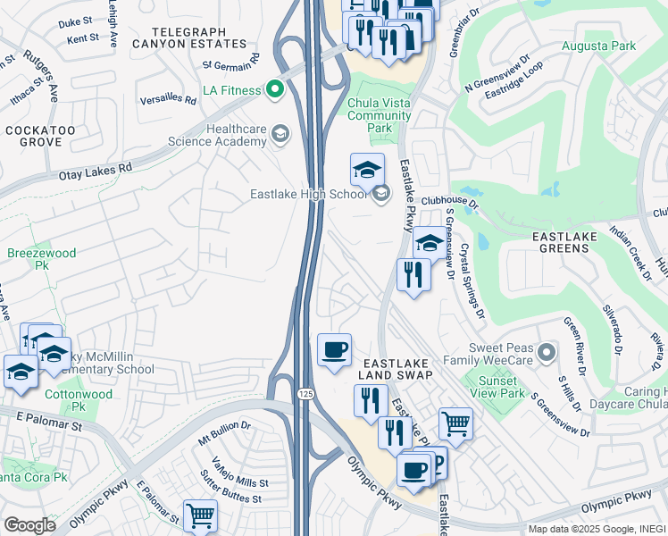 map of restaurants, bars, coffee shops, grocery stores, and more near 1142 Latigo Cove in Chula Vista