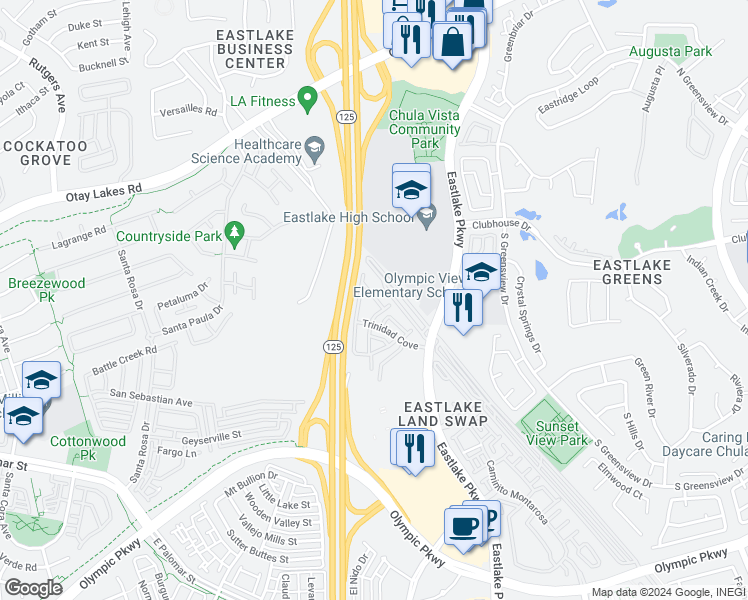 map of restaurants, bars, coffee shops, grocery stores, and more near 1101 Latigo Cove in Chula Vista
