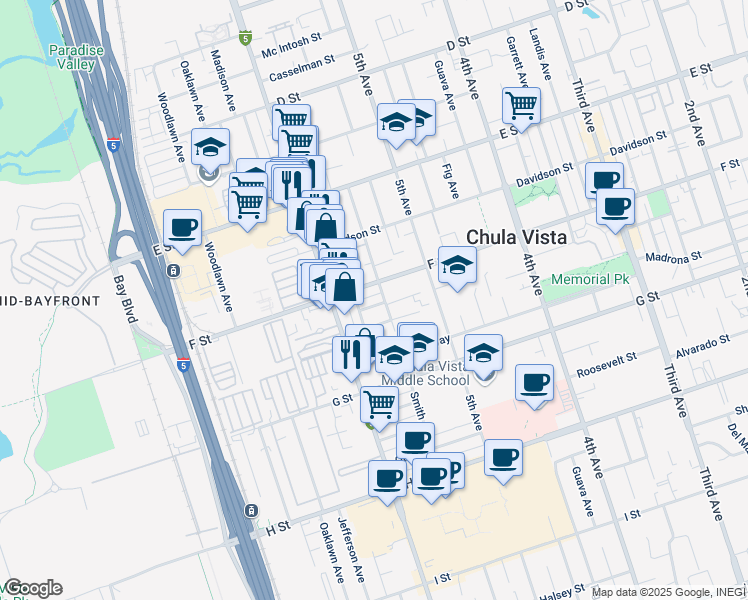 map of restaurants, bars, coffee shops, grocery stores, and more near 293 Beech Avenue in Chula Vista