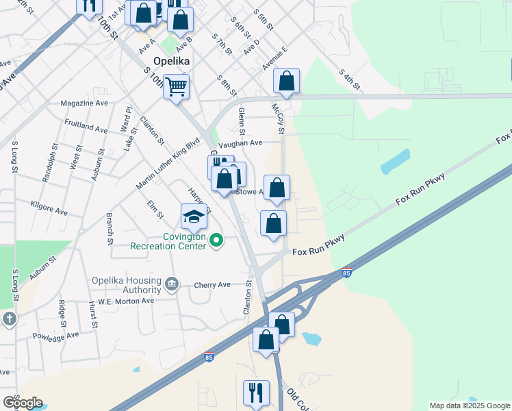 map of restaurants, bars, coffee shops, grocery stores, and more near 111 Stowe Avenue in Opelika