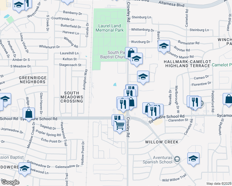 map of restaurants, bars, coffee shops, grocery stores, and more near 7560 Crowley Road in Fort Worth