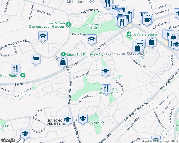 map of restaurants, bars, coffee shops, grocery stores, and more near 1302 Valencia Loop in Chula Vista