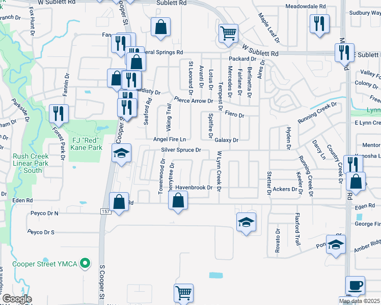map of restaurants, bars, coffee shops, grocery stores, and more near 1016 Galaxy Drive in Arlington