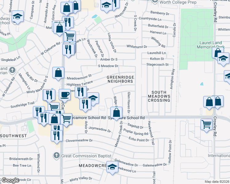 map of restaurants, bars, coffee shops, grocery stores, and more near 2816 Meadow Ridge Drive in Fort Worth