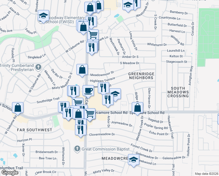 map of restaurants, bars, coffee shops, grocery stores, and more near 3223 Green Ridge Street in Fort Worth