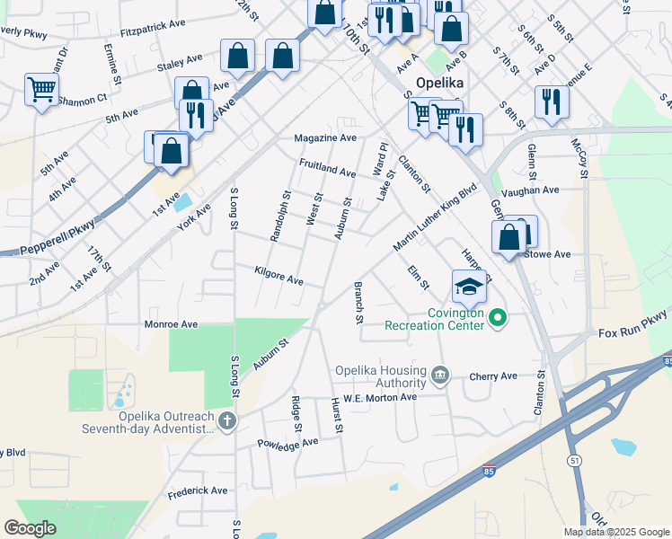 map of restaurants, bars, coffee shops, grocery stores, and more near 1323 Auburn Street in Opelika