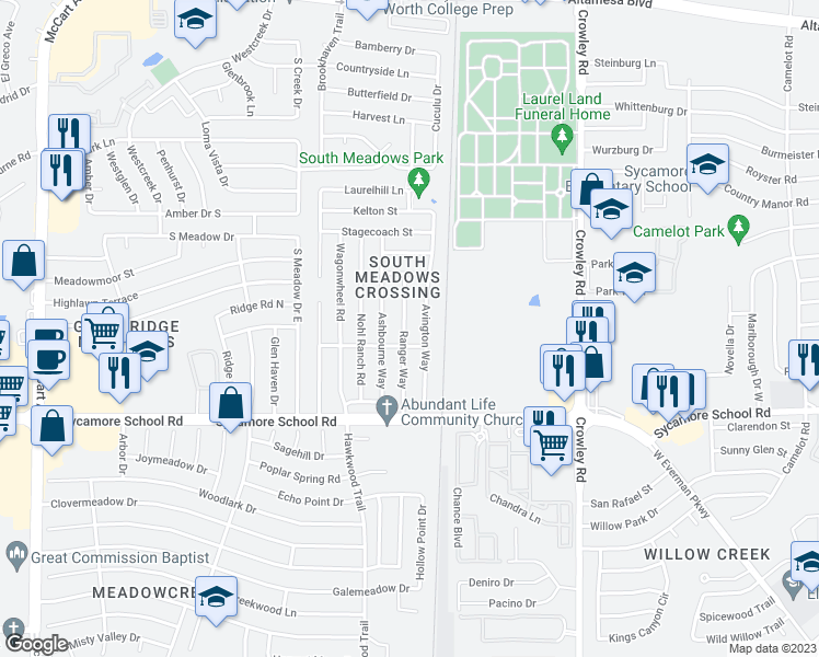map of restaurants, bars, coffee shops, grocery stores, and more near 7221 Ranger Way in Fort Worth