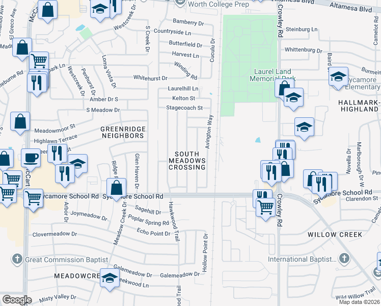 map of restaurants, bars, coffee shops, grocery stores, and more near 7205 Ashbourne Way in Fort Worth