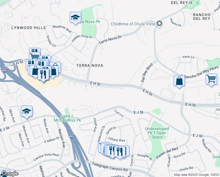 map of restaurants, bars, coffee shops, grocery stores, and more near 550 East H Street in Chula Vista