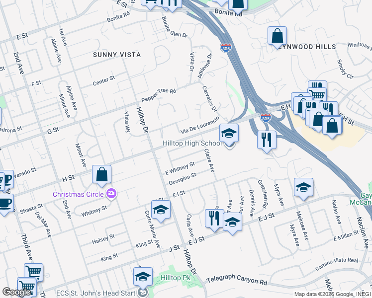 map of restaurants, bars, coffee shops, grocery stores, and more near in Chula Vista