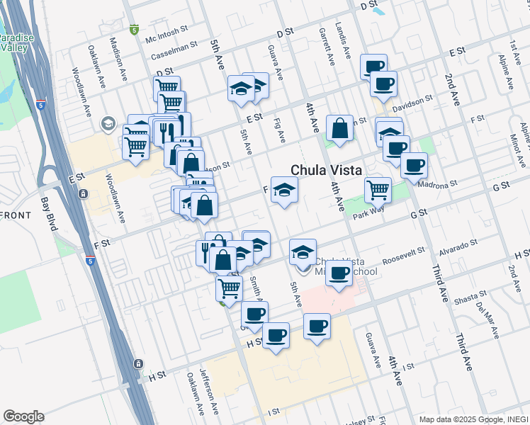 map of restaurants, bars, coffee shops, grocery stores, and more near 510 F Street in Chula Vista