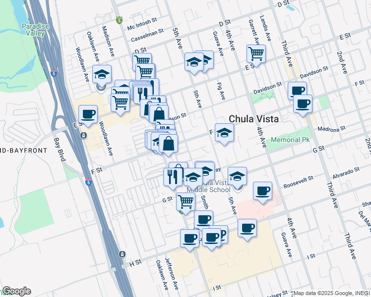 map of restaurants, bars, coffee shops, grocery stores, and more near 293 Beech Avenue in Chula Vista