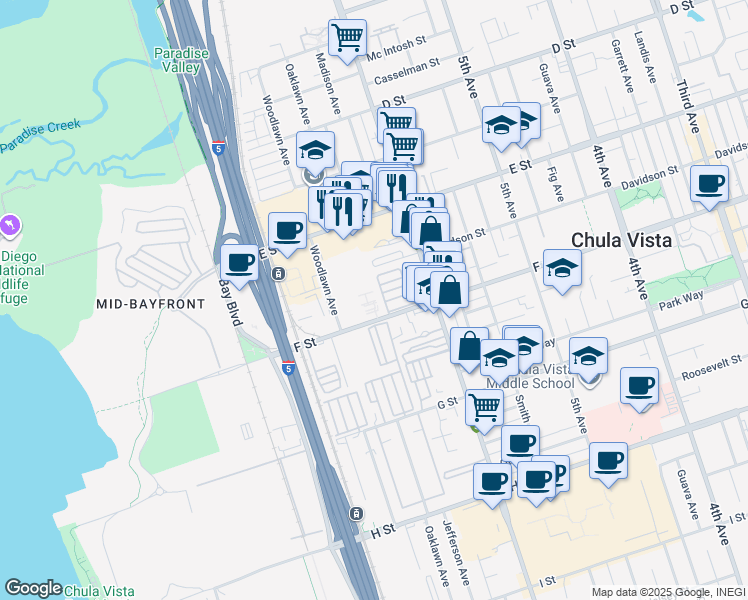 map of restaurants, bars, coffee shops, grocery stores, and more near 653 F Street in Chula Vista
