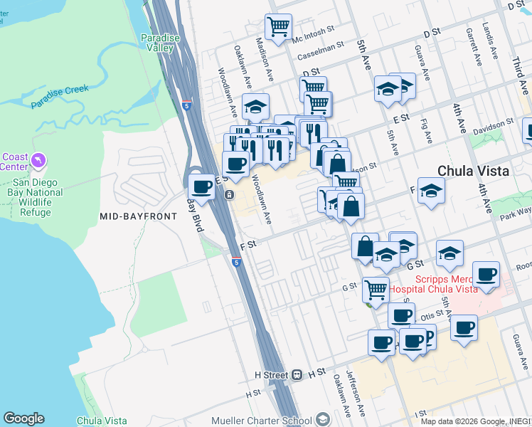 map of restaurants, bars, coffee shops, grocery stores, and more near 255 Woodlawn Avenue in Chula Vista