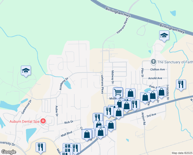 map of restaurants, bars, coffee shops, grocery stores, and more near 3855 Academy Drive in Opelika