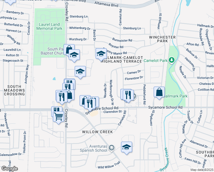 map of restaurants, bars, coffee shops, grocery stores, and more near 7419 Novella Drive in Fort Worth