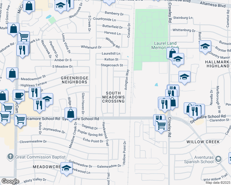 map of restaurants, bars, coffee shops, grocery stores, and more near 7205 Ashbourne Way in Fort Worth
