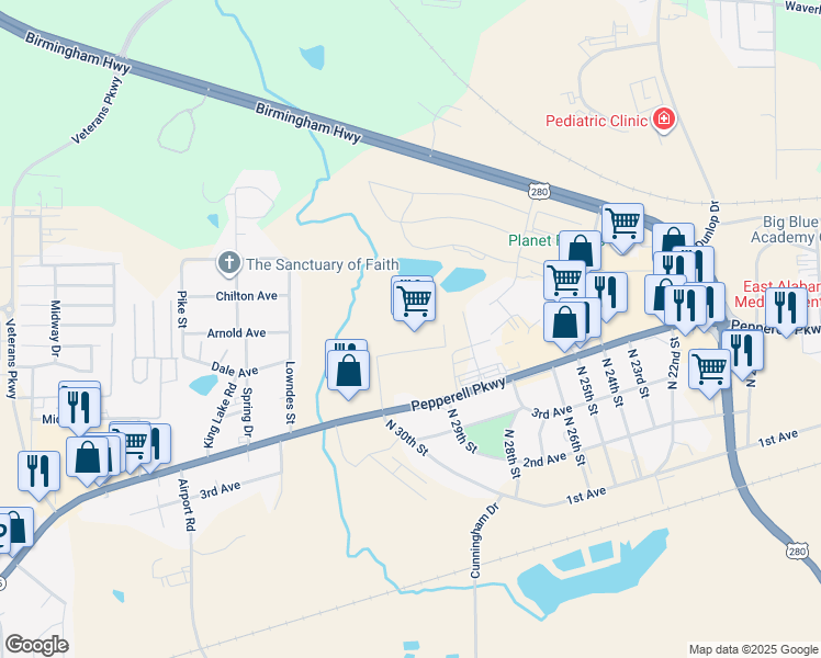 map of restaurants, bars, coffee shops, grocery stores, and more near 2900 Pepperell Parkway in Opelika