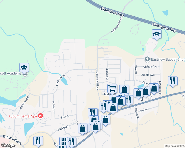 map of restaurants, bars, coffee shops, grocery stores, and more near 3855 Academy Drive in Opelika